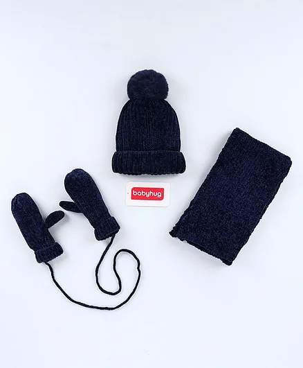 Babyhug Woolen Cap Muffler & Hand Gloves Navy Blue - Diameter 10 cm