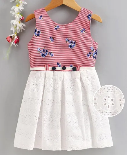 Enfance Core Sleeveless Schiffli Box Pleated Dress - Red