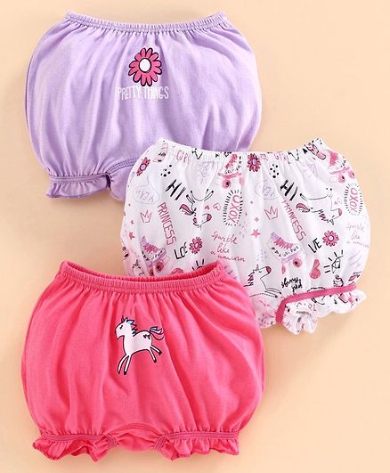 Babyoye Cotton Bloomer Unicorn Print Pack of 3 - White Purple Pink