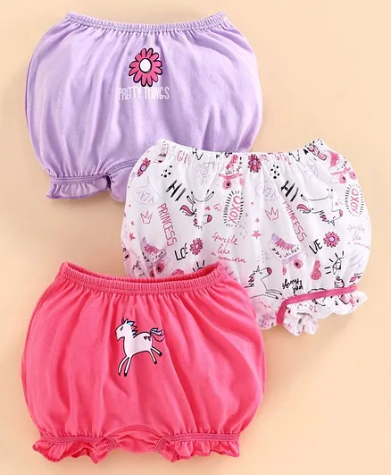 Babyoye Biowash Cotton Bloomer Unicorn Print Pack of 3 - White Purple Pink