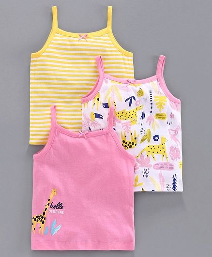 Babyoye Singlet Cotton Camisoles Stripes & Animal Print Set of 3 - Pink Yellow