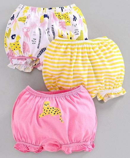 Babyoye Cotton Bloomers Striped & Animal Printed Set of 3 - Yellow Pink