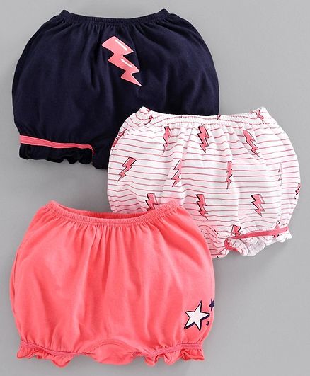 Babyoye Cotton Printed and Striped Bloomers Pack of 3 - Blue Peach