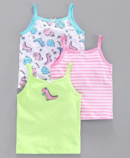 Babyoye Cotton Camisoles Stripes & Dino Print Set of 3 - Green Pink