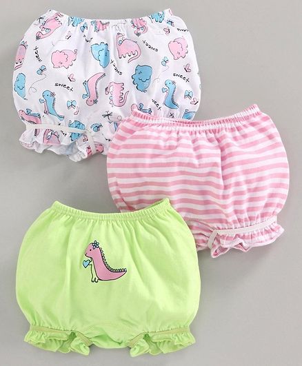 Babyoye Cotton Bloomers Striped & Dino Printed Set of 3 - Green Pink