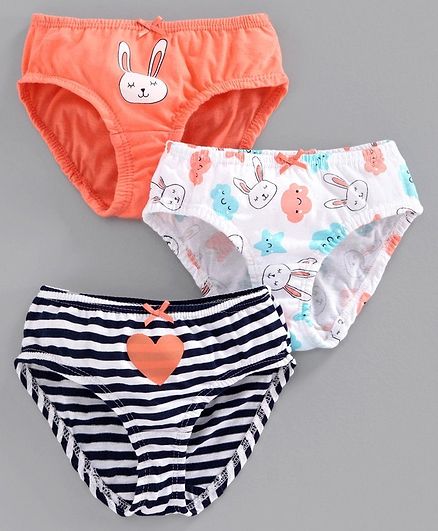 Babyoye Cotton Striped Panties Bunny Print Pack of 3 - Peach White Black