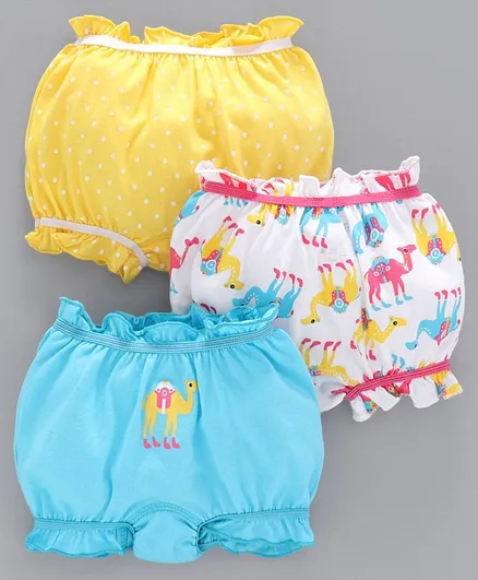 Babyoye Biowash Cotton Bloomers Camel & Dot Print Pack of 3 - Yellow Blue White