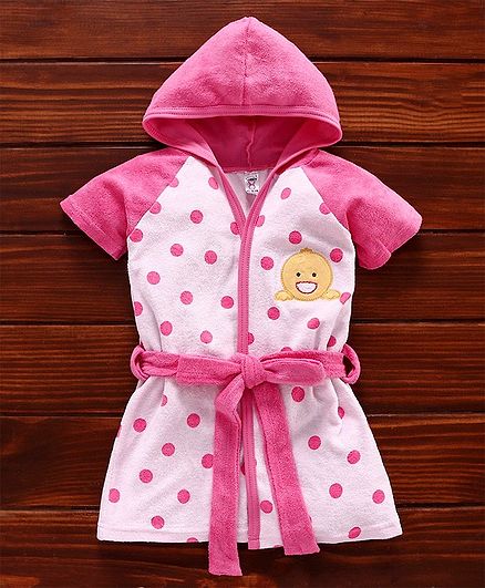 Pink Rabbit Half Sleeves Hooded Polka Dot Bath Robe Duck Embroidery - Pink