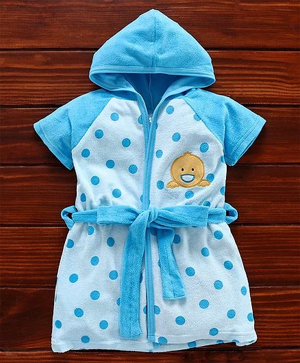 Pink Rabbit Half Sleeves Hooded Polka Dot Bath Robe Duck Embroidery - Blue