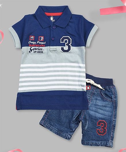 Crazy Penguin Short Sleeves Striped Polo T-Shirt & Denim Shorts Set - Blue
