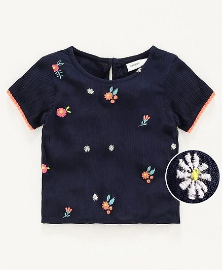 Babyoye Cotton Short Sleeves Top Floral Embroidery - Navy Blue