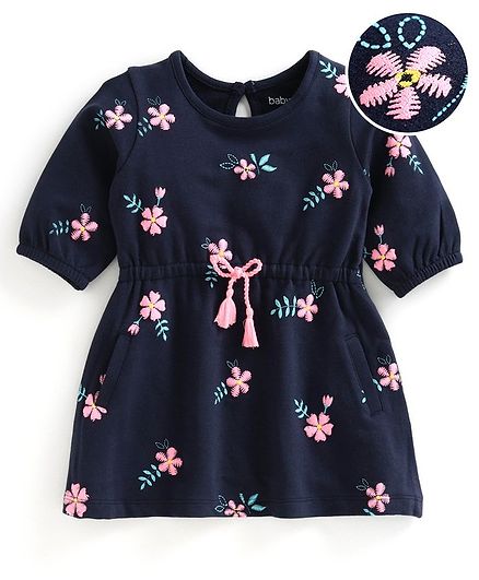 Babyoye Half Sleeves Cotton Mixes Frock Floral Embroidered - Navy