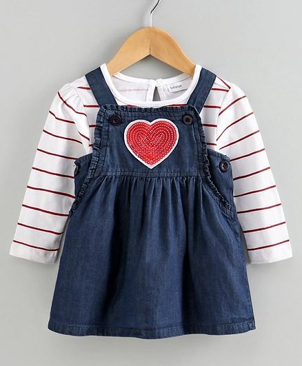 Babyoye Denim Dungaree style Frock with Cotton Stripe Tee Heart Patch - White Blue