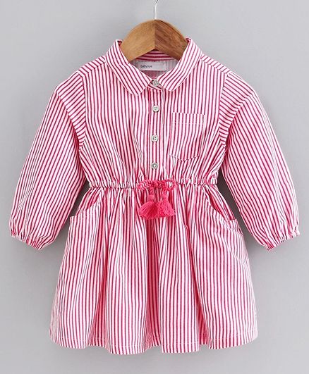 Babyoye Cotton Full Sleeves Striped Frock - Pink