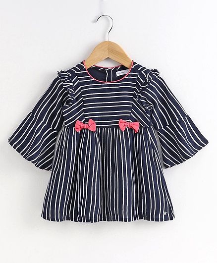 Babyoye Cotton Full Sleeves Striped Frock - Navy Blue