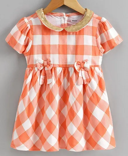 Babyoye Half Sleeves Cotton Lurex Checked Frock - Peach