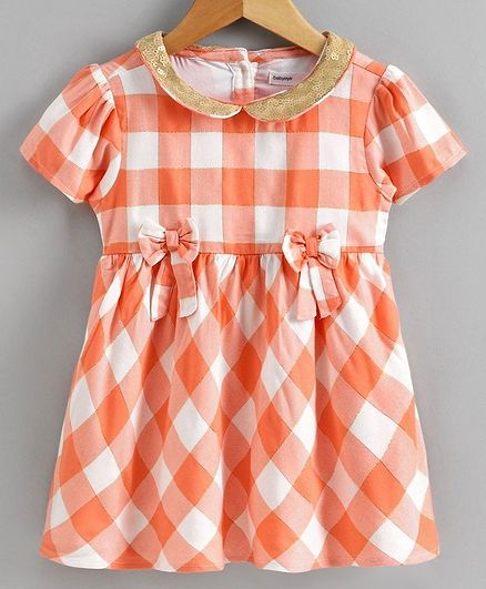 Babyoye Half Sleeves Cotton Lurex Checked Frock - Peach