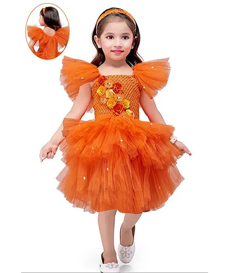 Pink Chick Short Sleeves Pearl Embellished Fit & Flared Netted Dress - Orange