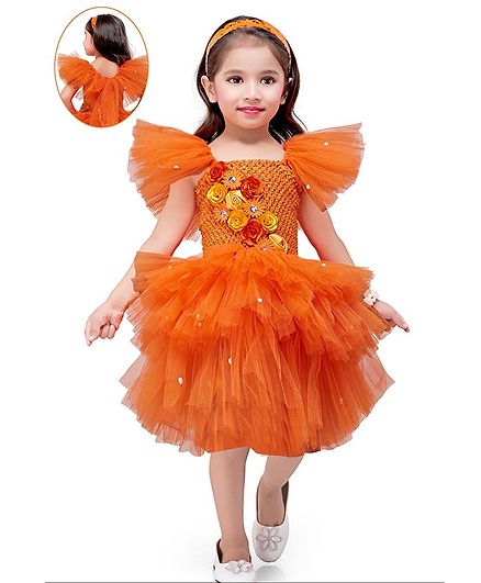 Pink Chick Short Sleeves Pearl Embellished Fit & Flared Netted Dress - Orange