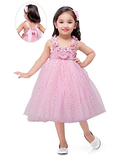 Pink Chick Sleeveless Flower Applique Sparkle Flared Netted Dress - Pink
