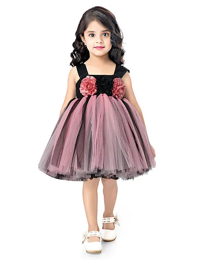 Pink Chick Sleeveless Flower Detailed Flared Netted Dress - Peach & Black