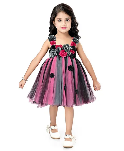 Pink Chick Sleeveless Floral Applique Flared Netted Dress - Multicolor