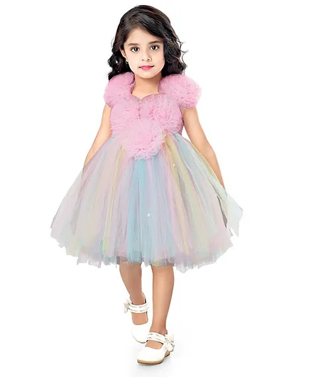 Pink Chick Sleeveless Ruffled Flower Design Flared Netted Dress - Multicolor
