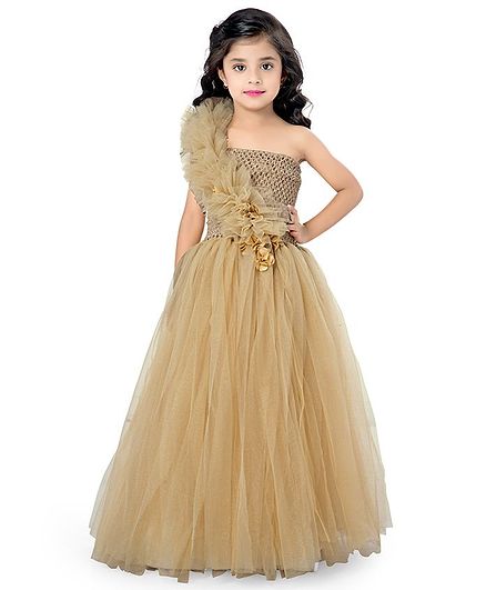 Pink Chick Sleeveless Ruffled Flower Applique Fit & Flared Netted Gown - Gold