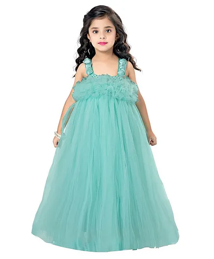 Pink Chick Sleeveless Ruffled Flared Netted Gown - Aqua