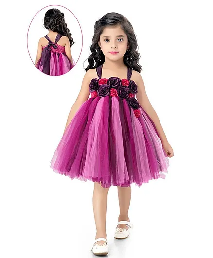 Pink Chick Sleeveless Floral Applique Netted Dress - Pink