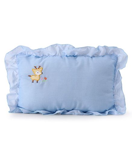Frilled Rectangular Pillow Deer Embroidery - Blue