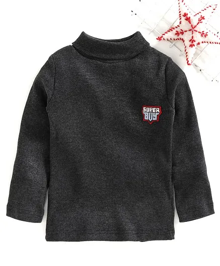 Babyhug Full Sleeves Solid Colour Tee Super Boy Patch - Dark Grey