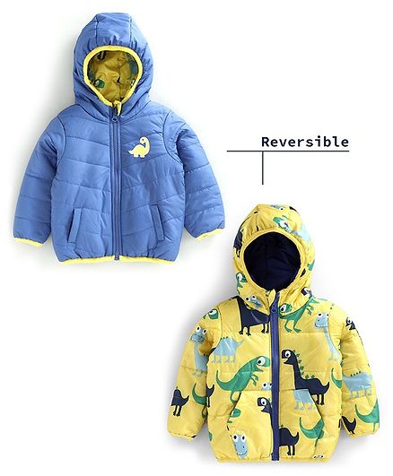 Babyoye Hooded Polyester Reversible Jacket Dino Print - Yellow Blue