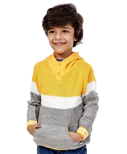 Babyoye Acrylic Full Sleeves Striped Sweater - Yellow Grey