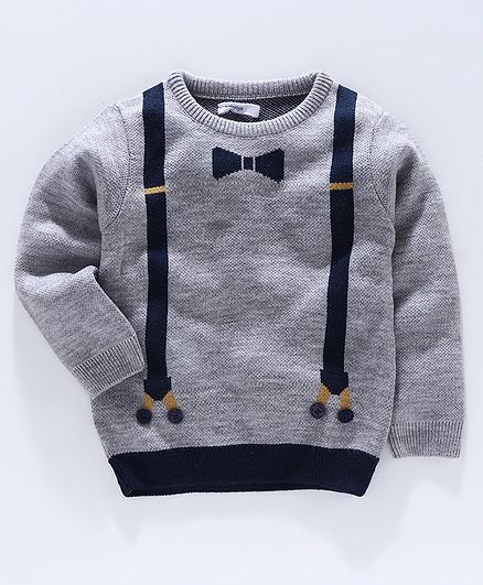 Babyoye Full Sleeves Sweater Bow & Suspender Design - Grey