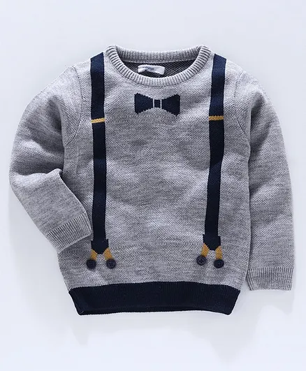 Babyoye Full Sleeves Sweater Bow & Suspender Design - Grey