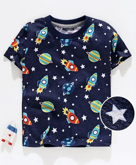 Rikidoos Space Theme Half Sleeves Tee - Navy Blue