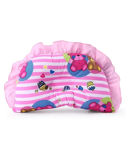 Teddy Print Pillow with Frill Border - Pink