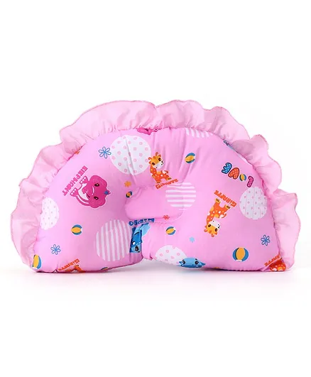 Teddy Print Pillow with Frill Border - Pink