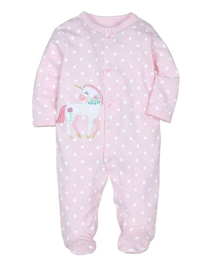 Kookie Kids Full Sleeve Winter Wear Footed Romper Polka Dot Print - Pink