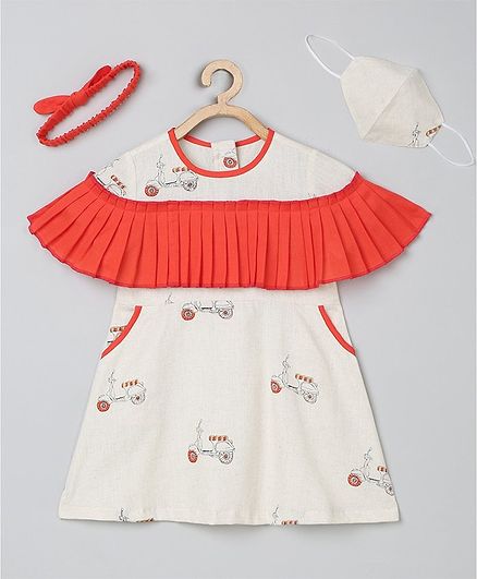 Tutus By Tutu Pleated Half Sleeves Vehicle Printed A-Line Dress With Mask & Headband - Orange & Cream