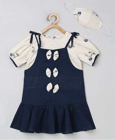 Tutus By Tutu Half Sleeves Vehicle Printed Top With Ruffled Dungaree Dress & Mask - Blues & Cream