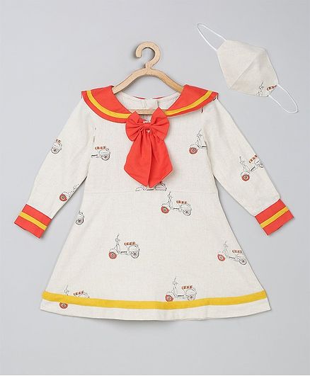 Tutus By Tutu Full Sleeves Sailor Bow Printed Dress With Matching Mask - Orange & Cream