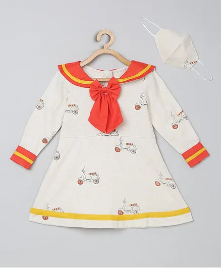 Tutus By Tutu Full Sleeves Sailor Bow Printed Dress With Matching Mask - Orange & Cream