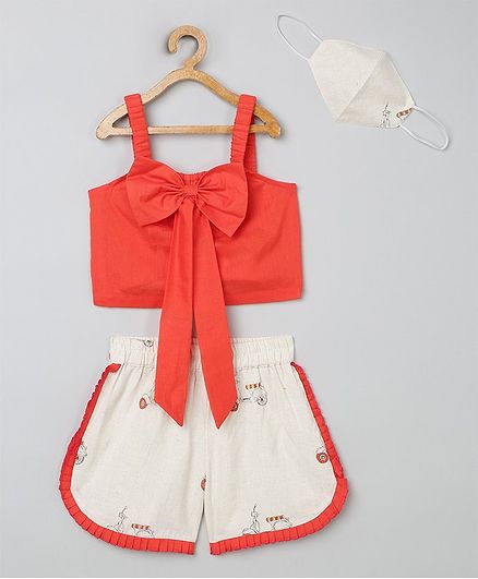 Tutus By Tutu Sleeveless Bow Detailed Top With Printed Shorts & Matching Mask - Coral & Yellow