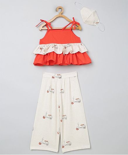 Tutus By Tutu Sleeveless Ruffled Top With Printed Pants & Mask - Coral & Cream