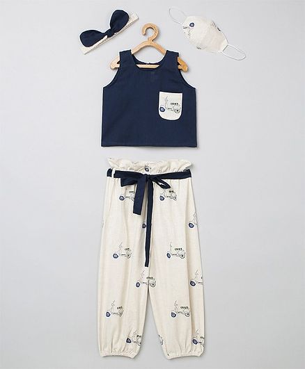 Tutus By Tutu Sleeveless Top With Printed Pants Headband & Mask - Blue & Cream