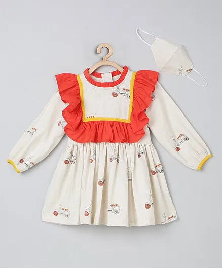 Tutus By Tutu Full Sleeves Vehicle Printed Dress With Matching Mask - Coral & Cream