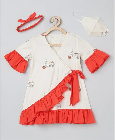 Tutus By Tutu Half Sleeves Ruffle Wrap Printed Dress With Matching Mask And Headband - Coral & Cream