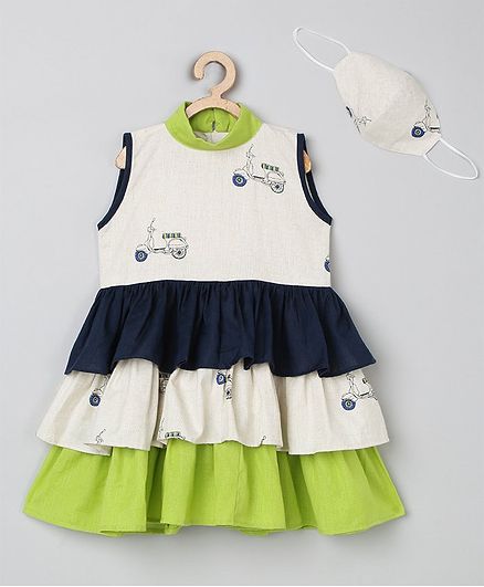 Tutus By Tutu Sleeveless Vehicle Printed Layered Flared Dress With Mask - Blue Green & Cream